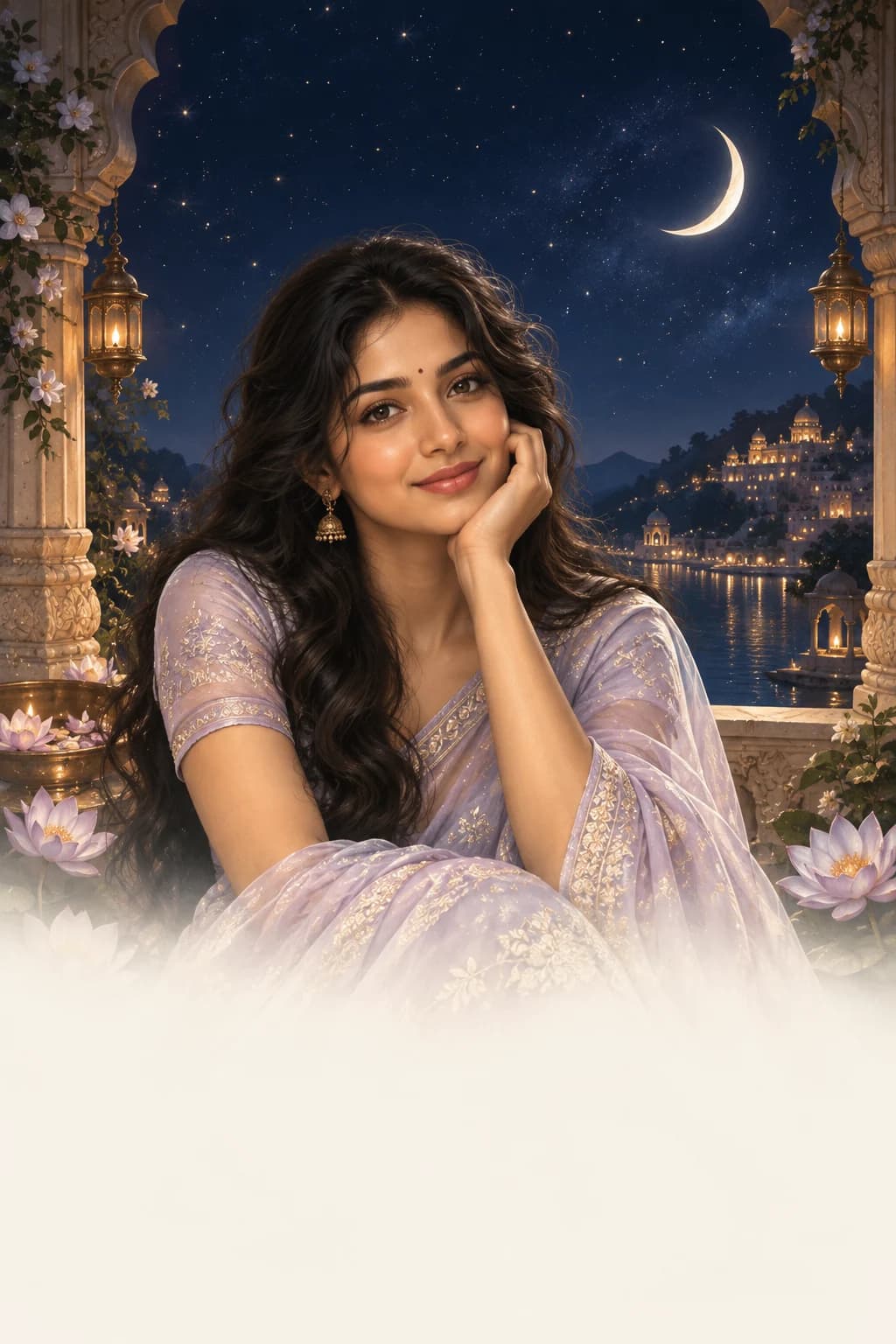 Vaani on a terrace at night under a crescent moon